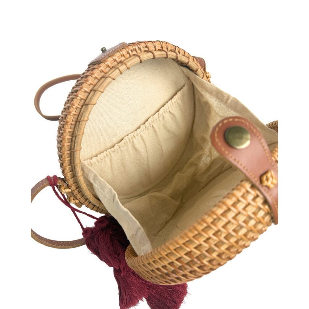 Round Rattan Wicker Crossbody Bag Boho Straw Purse Burgundy Tassels - Picture 7 of 7